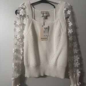 Industry White Sweater with Floral Mesh Sleeves